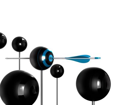 Concept image for illustration of setting goals and achieve them. Sphere targets over white background with one arrow hitting the center of the blue one