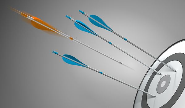 Three blue arrows hitting a target plus an orange arrow hitting the center, 3D concept illustration of competitive excellence or strategic business.
