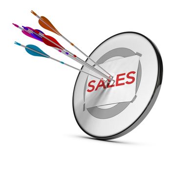 Five arrows hitting the center of a sheet of paper with the word sales fixed on a modern target. Concept to illustrate successful sales team prospection or strategy. 3D render.