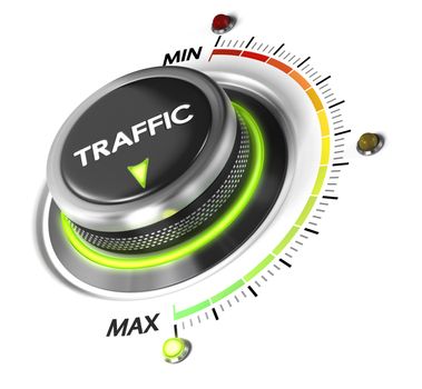 Web Traffic switch button positioned on maximum, white background and green light. Conceptual image for webtraffic improvement strategy.