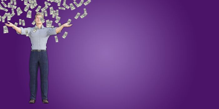 Man Catching Money Falling From the Sky in US Dollars
