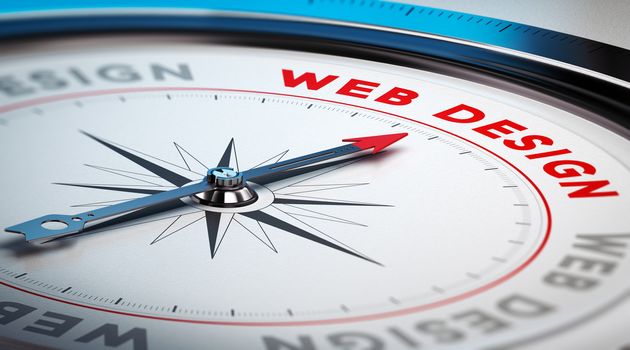 Compass with needle pointing the word web design. Conceptual illustration suitable for a webdesign company or online digital marketing agency.