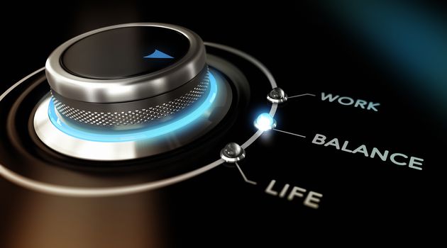 Switch button positioned on the word balance, with two other options work and life, black background and blue light. Conceptual image for illustration of lifestyle concept