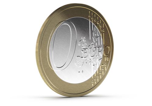 Zero euro coin over white background with shadow and scratches, concept image for free service.