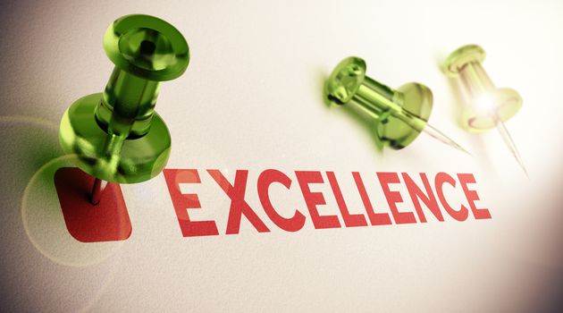 Word Excellence with a green pushpin, light effect and focus on the main thumbtack, paper background. concept of excelling