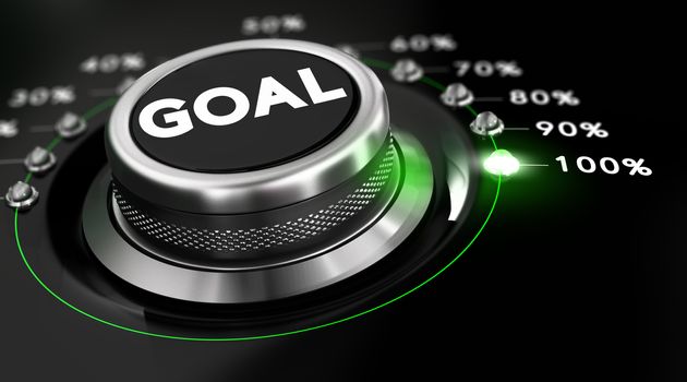 Switch button positioned on the number 100 percent, black background and green light. Conceptual image for illustration of goals achievement.