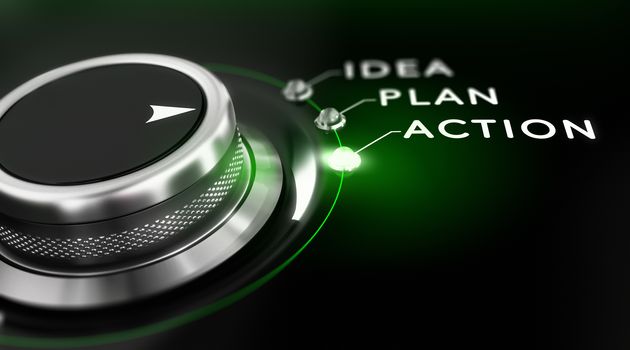 Switch button positioned on the word action, black background and green light. Conceptual image for illustration of business action plan.