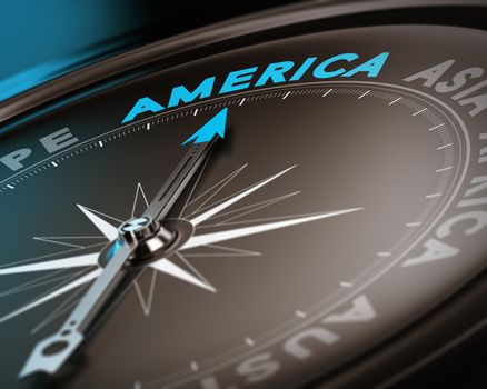 Abstract compass needle pointing the destination america, blue and brown tones with focus on the main word. Concept image suitable for illustration of trip counseling.