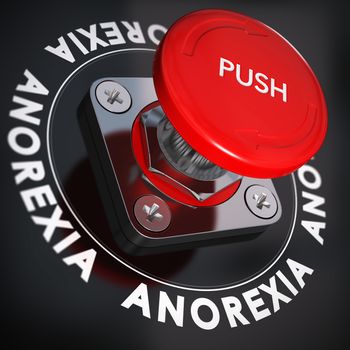 Red push button over black background, blur effect. Anorexia nervosa and urgency. Stop eating disorders concept.