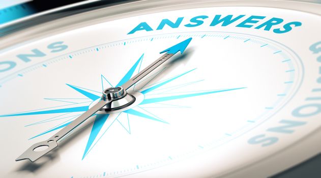 Compass with needle pointing the word answer, white and blue tones. Background image for illustration of FAQ