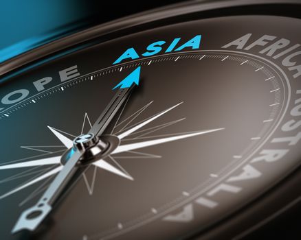 Abstract compass needle pointing the destination asia, blue and brown tones with focus on the main word. Concept image suitable for illustration of trip counseling.