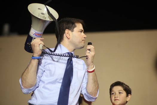 UNITED STATES, Miami: Florida Senator and Republican presidential candidate Marco Rubio addresses a rally on March 14, 2016 in Miami, Florida, on the eve of crucial primary voting. Rubio trails Republican contender Donald Trump in his home state by 20 points.