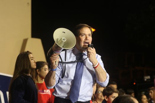 UNITED STATES, Miami: Florida Senator and Republican presidential candidate Marco Rubio addresses a rally on March 14, 2016 in Miami, Florida, on the eve of crucial primary voting. Rubio trails Republican contender Donald Trump in his home state by 20 points.
