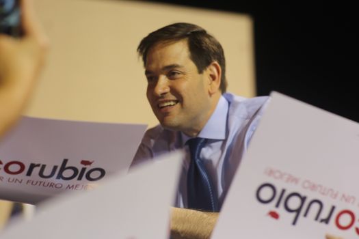 UNITED STATES, Miami: Florida Senator and Republican presidential candidate Marco Rubio addresses a rally on March 14, 2016 in Miami, Florida, on the eve of crucial primary voting. Rubio trails Republican contender Donald Trump in his home state by 20 points.