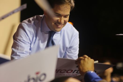 UNITED STATES, Miami: Florida Senator and Republican presidential candidate Marco Rubio addresses a rally on March 14, 2016 in Miami, Florida, on the eve of crucial primary voting. Rubio trails Republican contender Donald Trump in his home state by 20 points.