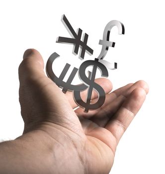 Man hand holding currencies symbols over white background, concept image for illustration of currency exchange service.