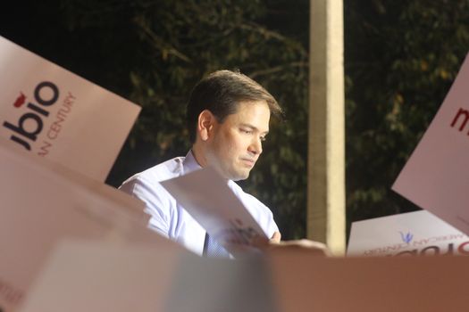 UNITED STATES, Miami: Florida Senator and Republican presidential candidate Marco Rubio addresses a rally on March 14, 2016 in Miami, Florida, on the eve of crucial primary voting. Rubio trails Republican contender Donald Trump in his home state by 20 points.