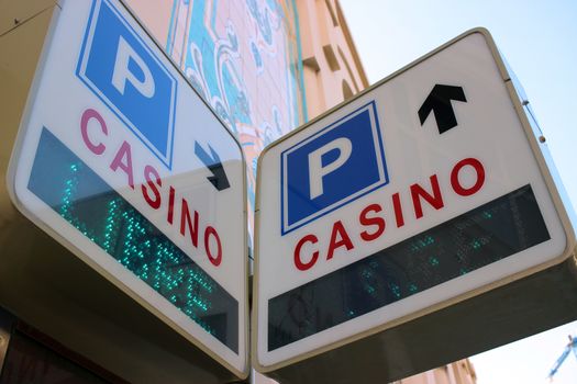 Sign Showing the Direction to Casino and Parking in Monte-Carlo, Monaco