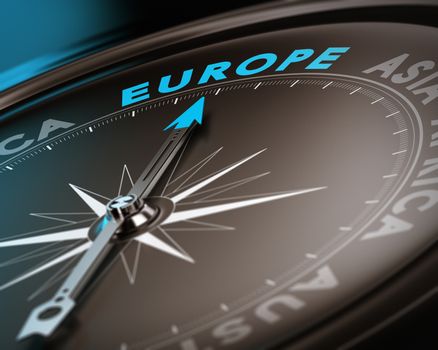 Abstract compass needle pointing the destination europe, blue and brown tones with focus on the main word. Concept image suitable for illustration of trip counseling.