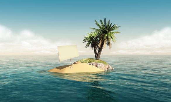 Small tropical island in the middle of the ocean with a small palm tree and a blank sign on it