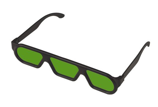 Horizontal side view of a pair of 3D glasses with three lenses isolated on white background