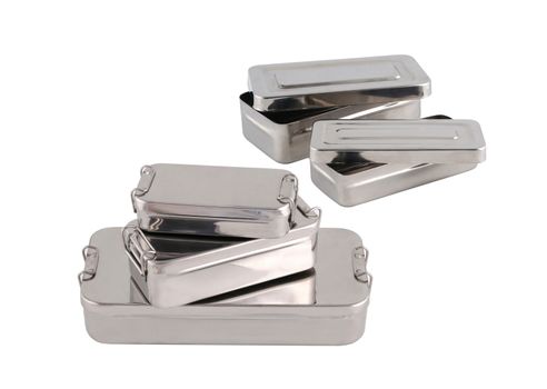 Horizontal side view of two surgical sterilizing containers isolated on white background