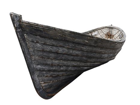 Horizontal side view of an old fishing wood boat with rusted nails isolated on white background
