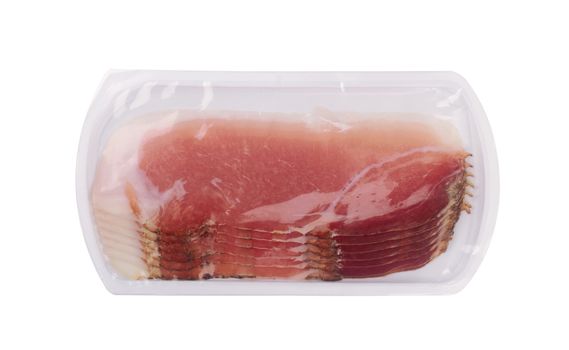 Horizontal top view of a prosciutto plastic casserole isolated on white background