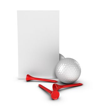 Golf balls and red tees over a xhite background and a vertical business card for communication or advertising.