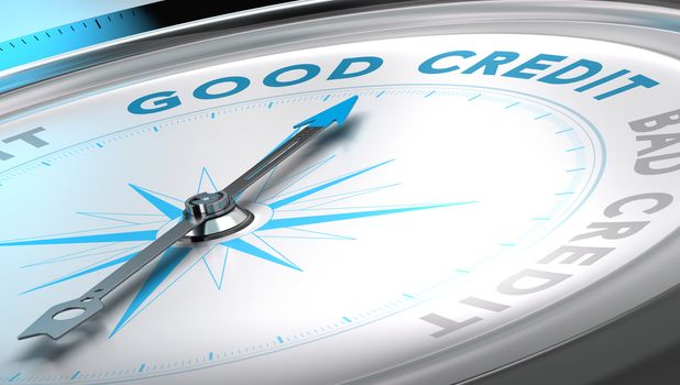 Compass with needle pointing the word good credit, blue and grey tones. Background image for illustration of credit advice.