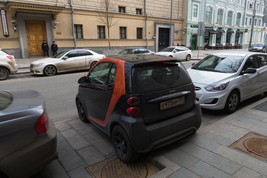 Parking on the streets of Moscow small cars NTGLINNAY 10 MARCH 2016