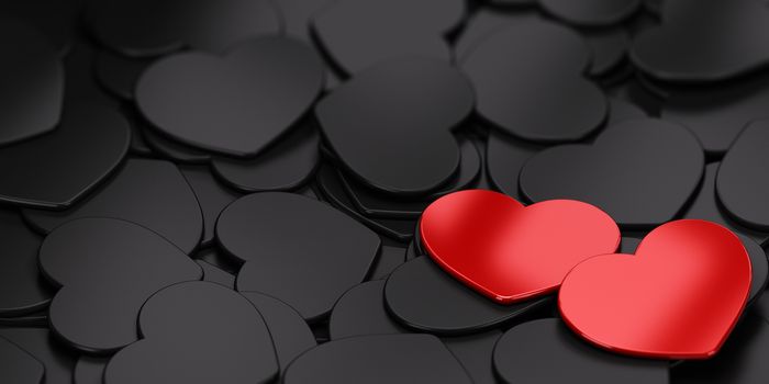 Two red Heart shapes over black ones. Symbol of love. Passion card with copyspace for message.