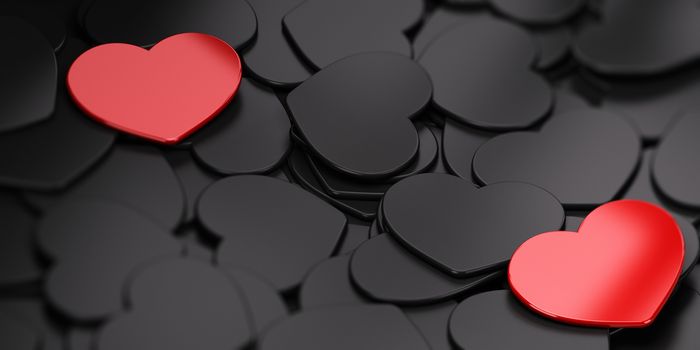 Two red Heart shapes over black ones. Symbol of love. Passion card with copyspace for message.