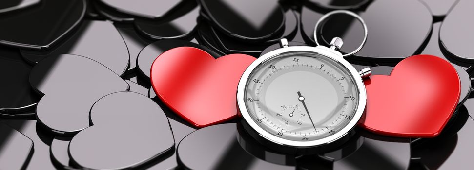 Two red hearts in the middle of a crowd of black hearts, plus a stopwatch, concept image for online dating, concept image.