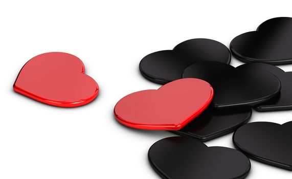 Two red Heart shapes and black ones over white background. Symbol of love. Passion card with copyspace for message.