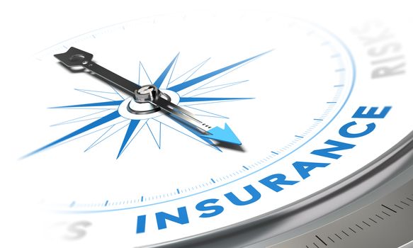 Insurance background concept. Compass needle pointing a blue word, decorative image suitable for left bottom angle of a page.