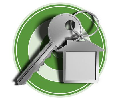 Real estate concept key and house shaped keyring over green target and white background. 