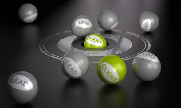 Many spheres over black background  with target in the center on green ball in the center. Marketing concept image, converting leads into client or customers.