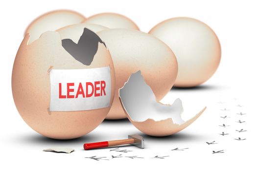 One egg broken by using a hammer with the word leader written on a sheet of paper, concept image for illustration of leadership.
