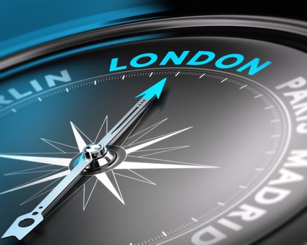 Compass needle pointing the city of london. Illustration of travel destination.