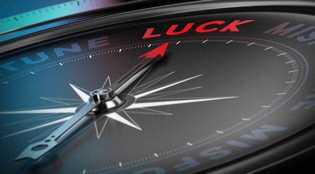 Lucky concept, Compass needle pointing the  word luck over black background, blur effect
