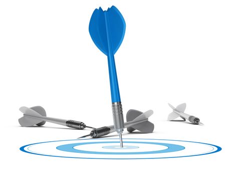 One target and many darts on the floor, one blue dart hits the center of the circle. 3D render concept over white background suitable for strategic marketing or competitive advantage.