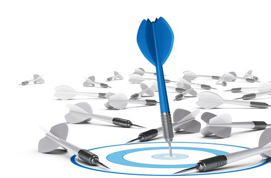 One dart hitting the center of a blue target, many grey darts on the floor symbol of failure. Concept illustration of strategic business or motivation.