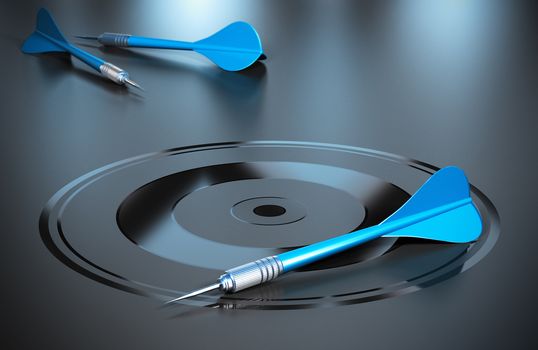 Three blue darts and one target, black background and reflection. Concept of marketing or business objectives.