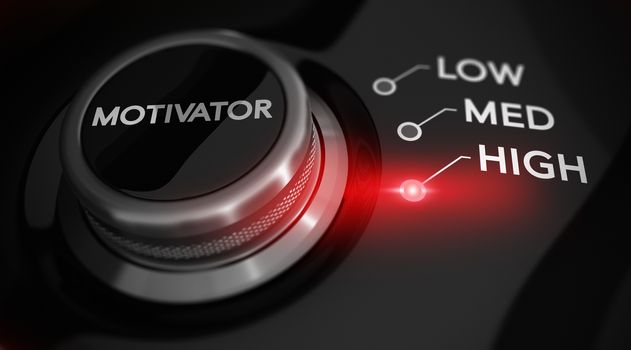 Switch button positioned on the word high, black background and red light. Conceptual image for illustration of motivation level.