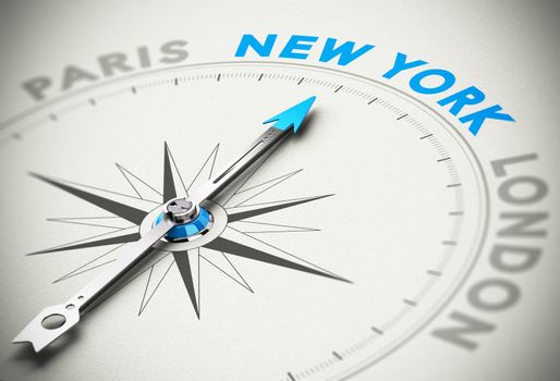 Needle of a compass pointing the word New York with blur effect and paper background