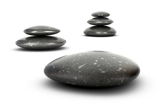 Three stones stacked over white background, balancing pebbles. 3D render symbol of growth, serenity and harmony.