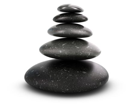 Five pebbles stacked over white background, balancing stones. 3D render symbol of Stability and harmony.