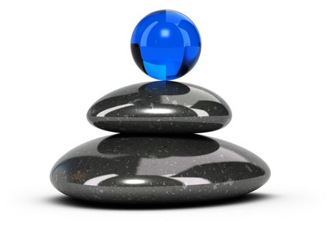 Two black pebbles stacked over white background with a blue glass sphere at the top. Conceptual 3D symbol of wellbeing or harmony.