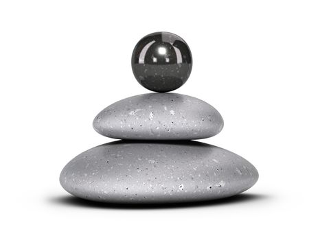 Two pebbles stacked plus one round stone over white background, balancing stones. 3D render symbol of Stability and harmony.